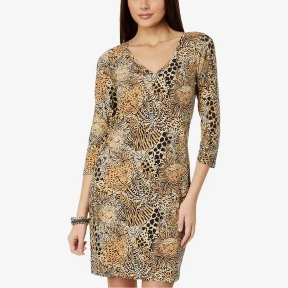 Lilly Pulitzer XS Jungle Safari Animal Print Cotton Dress – 3/4 Sleeve V-Neck - Picture 1 of 15
